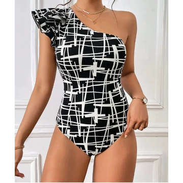 DK - Elegáns, egyvállas fodros body, geometriai mintás
