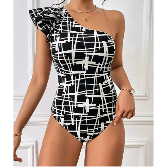 DK - Elegáns, egyvállas fodros body, geometriai mintás