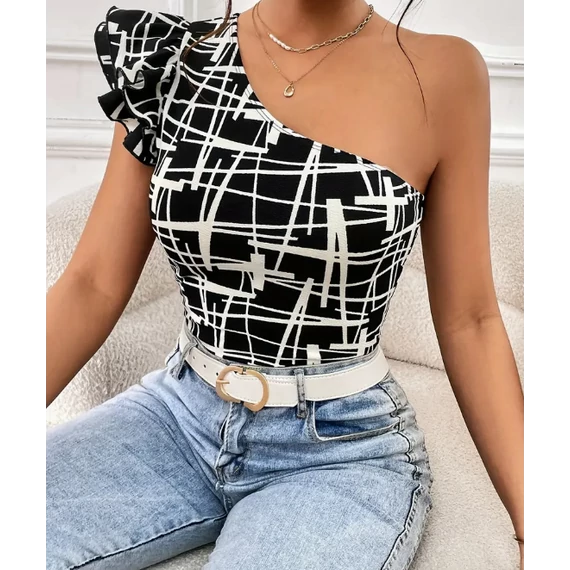 DK - Elegáns, egyvállas fodros body, geometriai mintás