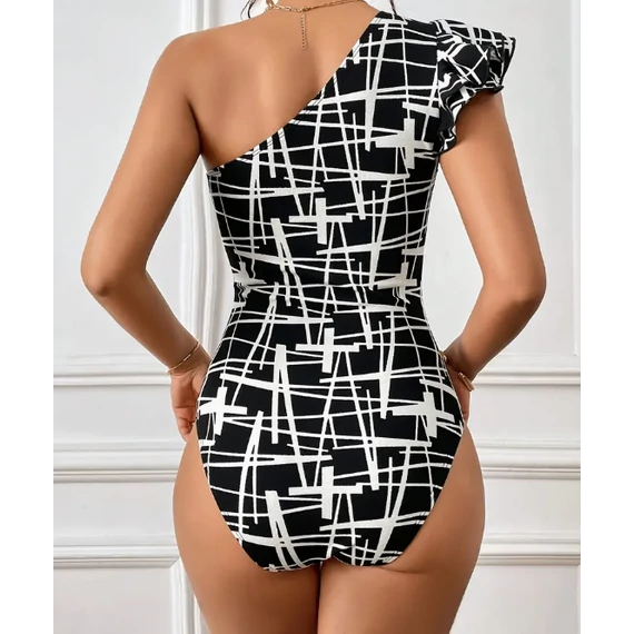 DK - Elegáns, egyvállas fodros body, geometriai mintás