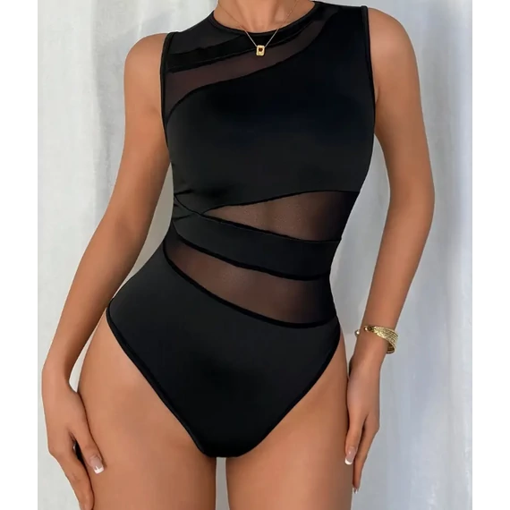 DK - Elegáns, egyvállas fodros body, geometriai mintás