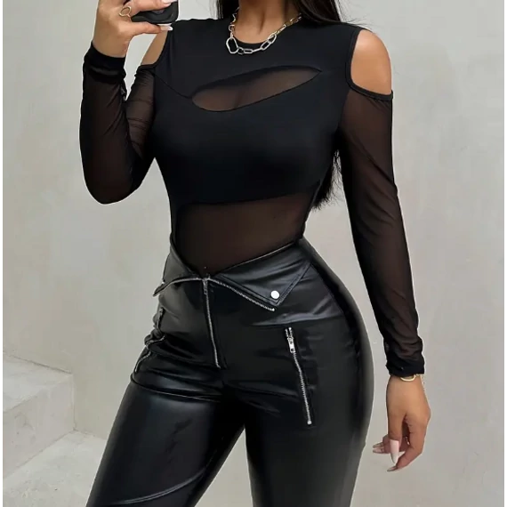 DK - Elegáns poliészter Bodysuit kontraszthálós részletekkel -  Hosszú ujjú, kerek nyakkivágás, egyszínű, kötött anyag, áttetsző - Tavaszra/Nyárra/Őszre