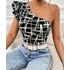 DK - Elegáns, egyvállas fodros body, geometriai mintás