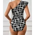 DK - Elegáns, egyvállas fodros body, geometriai mintás