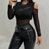 DK - Elegáns poliészter Bodysuit kontraszthálós részletekkel -  Hosszú ujjú, kerek nyakkivágás, egyszínű, kötött anyag, áttetsző - Tavaszra/Nyárra/Őszre