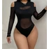 DK - Elegáns poliészter Bodysuit kontraszthálós részletekkel -  Hosszú ujjú, kerek nyakkivágás, egyszínű, kötött anyag, áttetsző - Tavaszra/Nyárra/Őszre